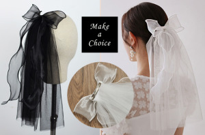 A251101【現貨】甜美波浪蝴蝶結單層短款軟紗造型頭紗【髮夾款】【黑色、白色】。結婚登記頭紗新娘頭紗自助婚紗