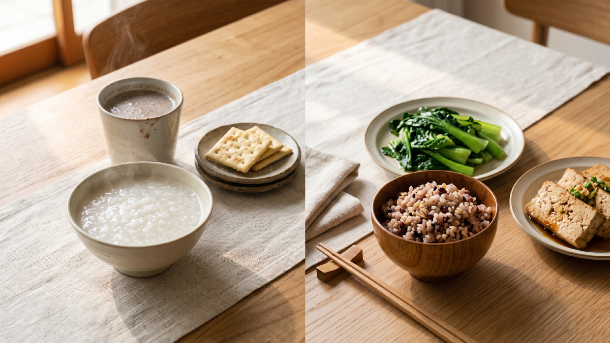 溫暖自然光下的台灣日常餐桌對比畫面。左側是一碗白稀飯、一杯沖泡穀粉與幾片鹹蘇打餅乾；右側則是半碗保有顆粒感的五穀雜糧飯、一盤清炒深綠色蔬菜與滷板豆腐。