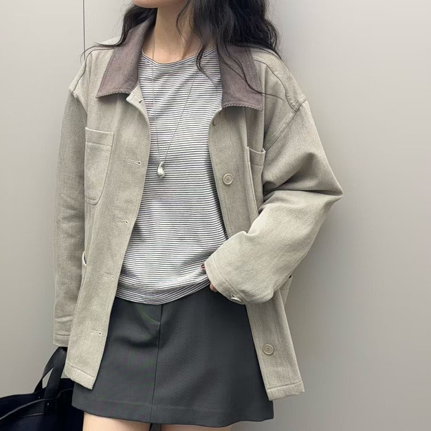 [13013400] 撞色領水洗復古外套