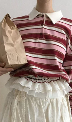 [02043609] 條紋蕾絲擺POLO衫