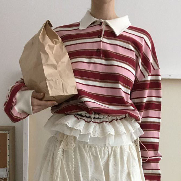 [02043609] 條紋蕾絲擺POLO衫