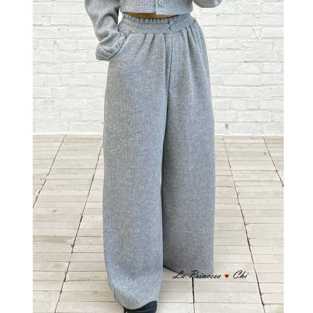 [06021801] 高腰坑條落地寬褲