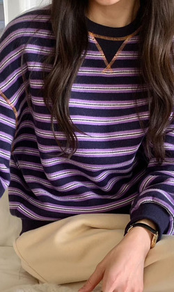 [02048208] 彩色條紋壓紋T