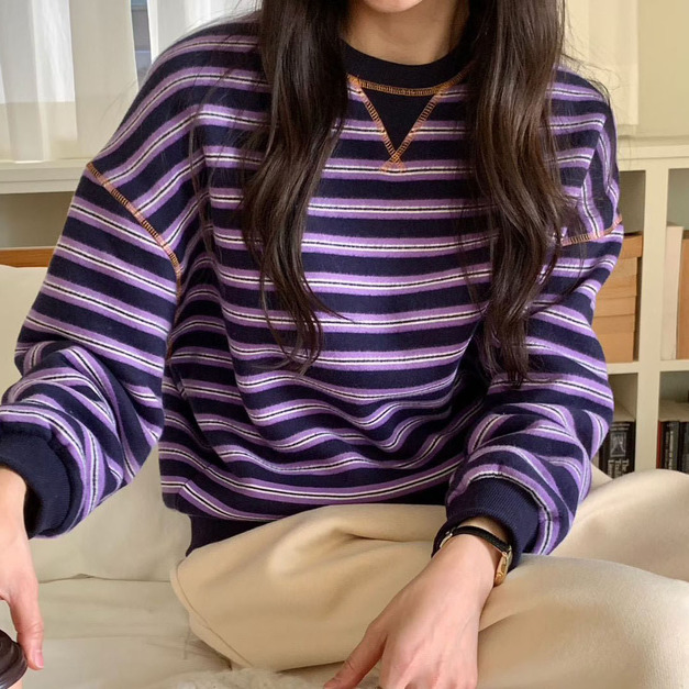 [02048208] 彩色條紋壓紋T