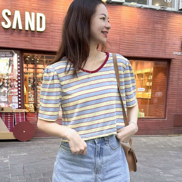 [02058405] 彩條紋短T