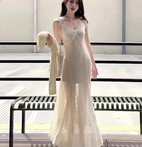 度假仙女透膚蕾絲細肩長洋
