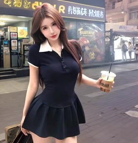 韓版休閒翻領收腰連身洋