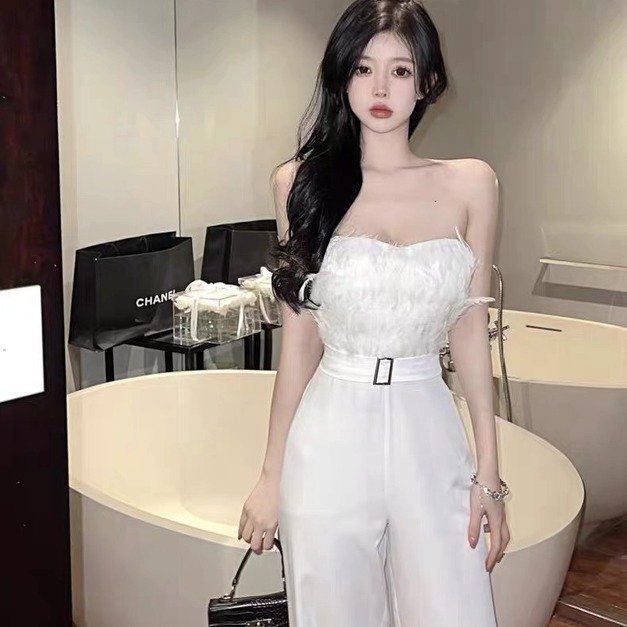 出清無退換｜高級感羽毛拼接平口連身褲