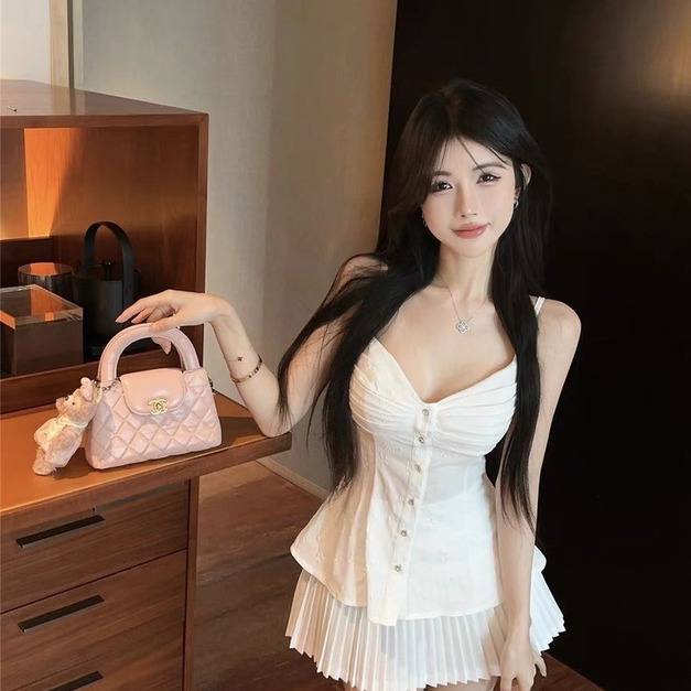 出清無退換｜套裝細肩透膚背心+百褶裙