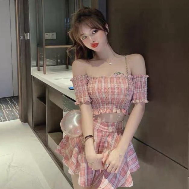 出清無退換｜套裝格紋一字領上衣+褲裙