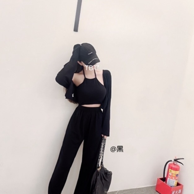 出清無退換｜套裝溫柔姐姐削肩背心+外罩+寬褲