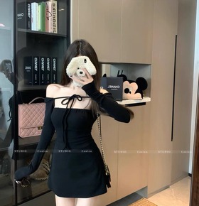 性感辣妹一字領綁帶長版衣