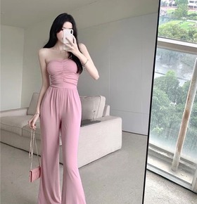 現貨無退換｜韓版氣質抓皺平口連身褲