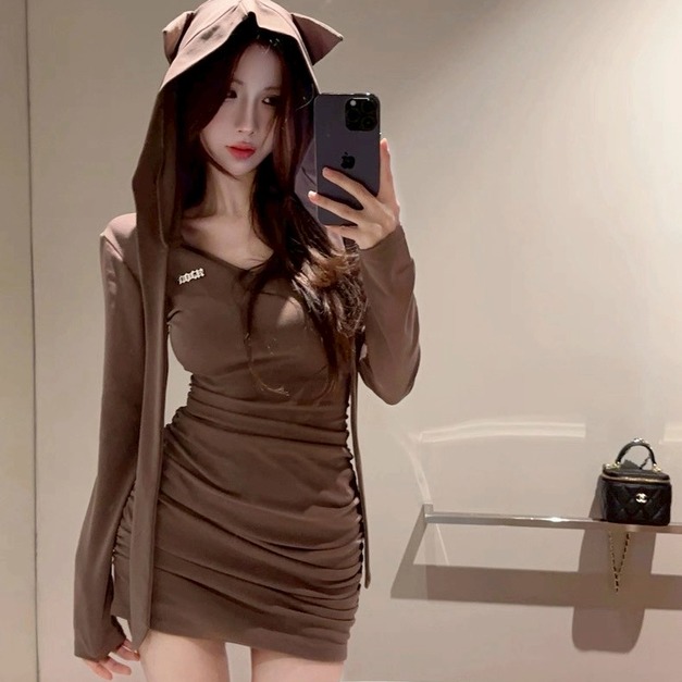 性感小姐姐連帽抓皺包臀洋