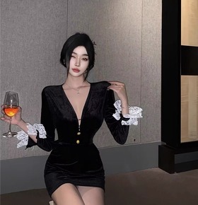 高級感奢華名媛手袖蕾絲包臀洋