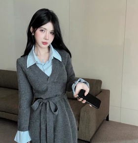 秋冬翻領拼接針織綁帶連身洋