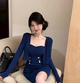 兩件式名媛桃心針織包臀洋+外套