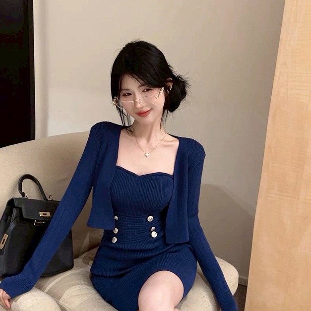 兩件式名媛桃心針織包臀洋+外套