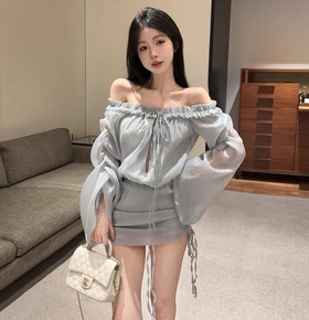 法式雪紡一字領連身包臀洋