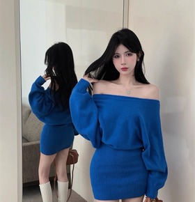 秋冬性感一字領針織包臀洋