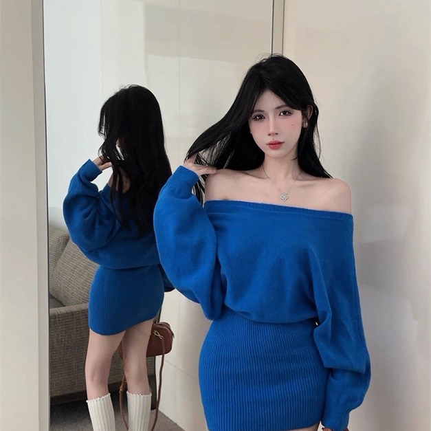 秋冬性感一字領針織包臀洋