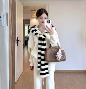三件套韓妞簡約寬版針織衣+披肩+闊腿褲