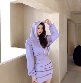 韓版設計感抓皺連帽包臀洋