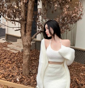 三件套韓妞露肩背心+包裙+外套