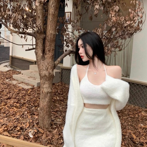 三件套韓妞露肩背心+包裙+外套