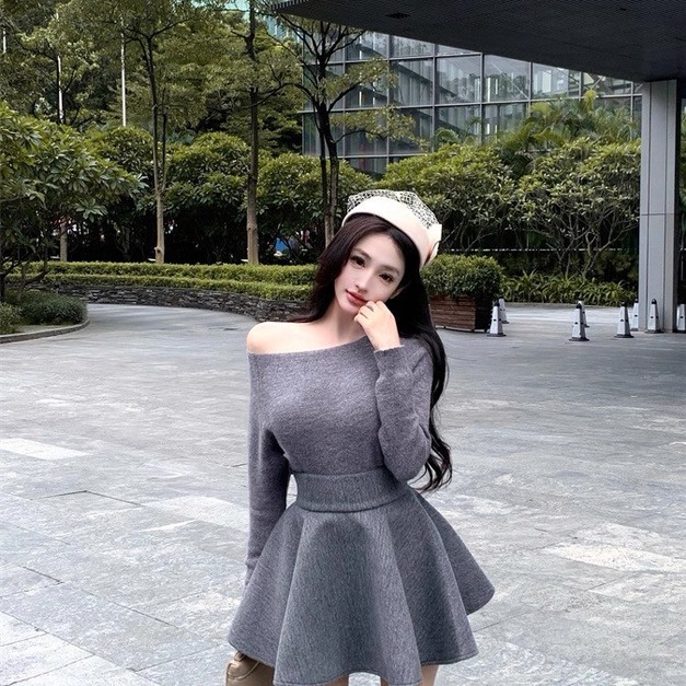 套裝法式一字領上衣+波浪傘裙