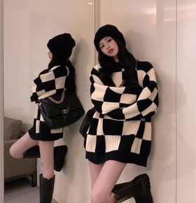 韓版撞色棋盤格粗針織毛衣