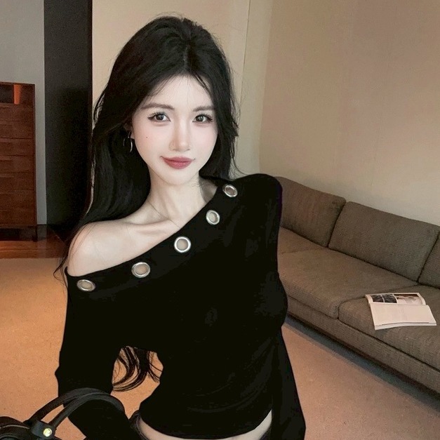 現貨無退換｜個性金屬圈斜肩上衣