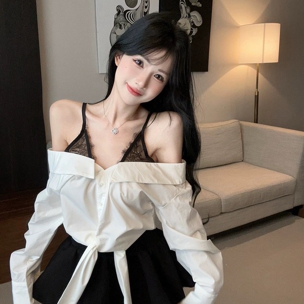 現貨無退換｜性感假兩件露肩綁帶上衣