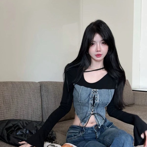 現貨無退換｜個性拼接馬甲牛仔上衣