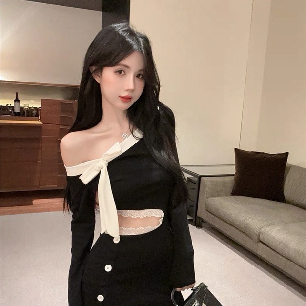 現貨無退換｜性感拼接蕾絲蝶結包臀洋