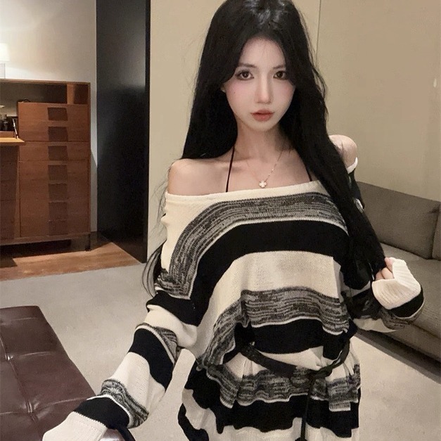 現貨無退換｜韓版撞色針織寬鬆腰帶上衣