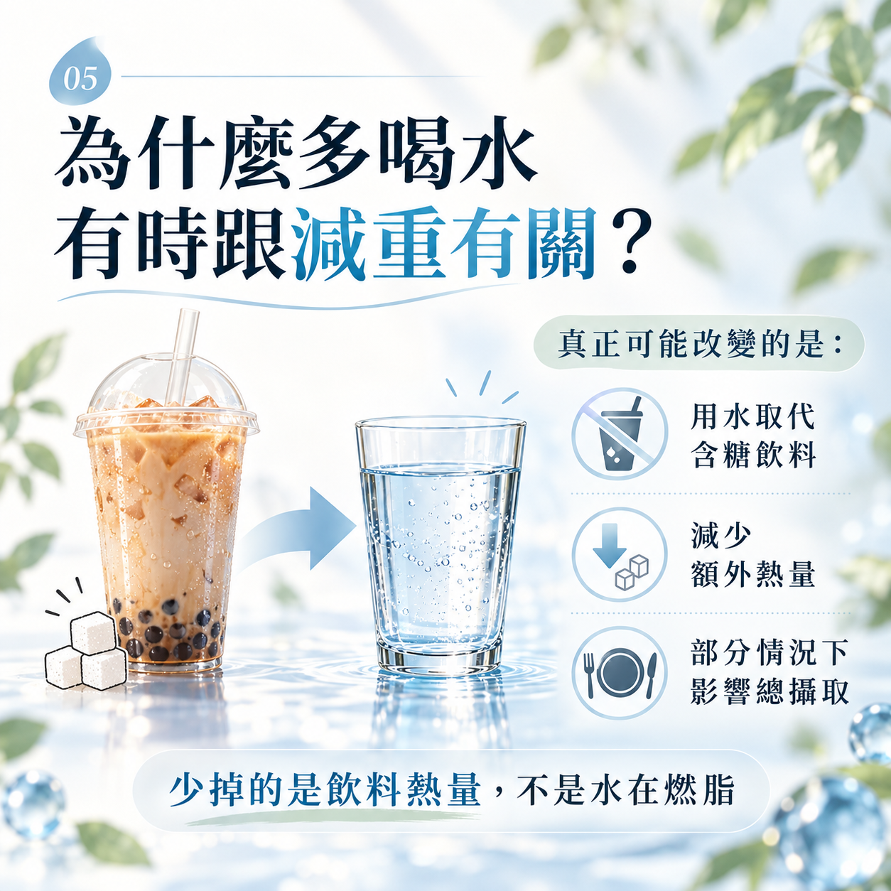 用白開水取代含糖飲料可能減少額外熱量並協助體重管理