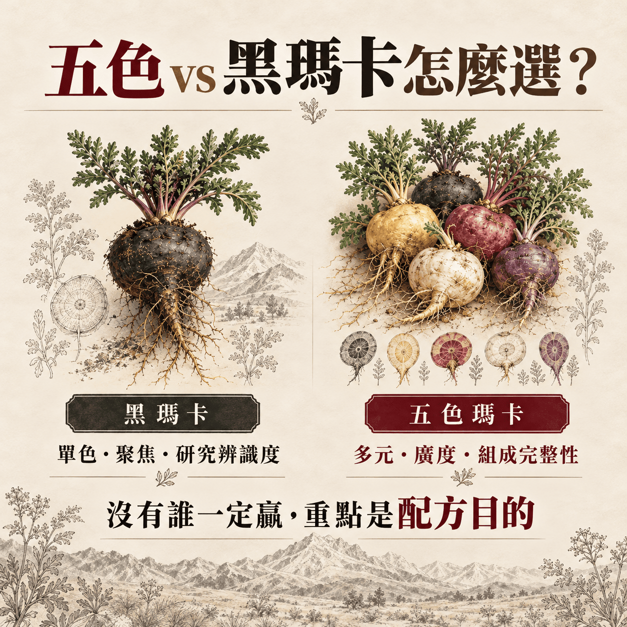 五色瑪卡偏向多元植物組成黑瑪卡偏向單一色系聚焦選擇應看配方目的