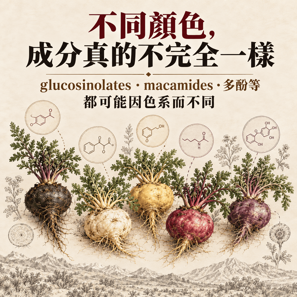不同色系瑪卡的glucosinolates macamides與多酚等植物化學組成可能不同