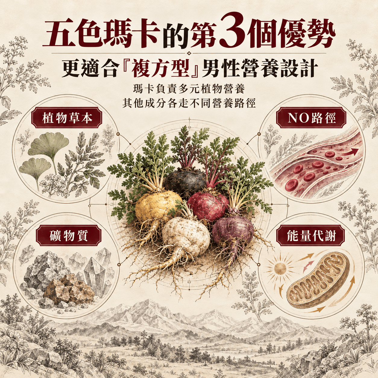 五色瑪卡可作為男性複方中的多元植物營養核心並搭配不同營養路徑成分