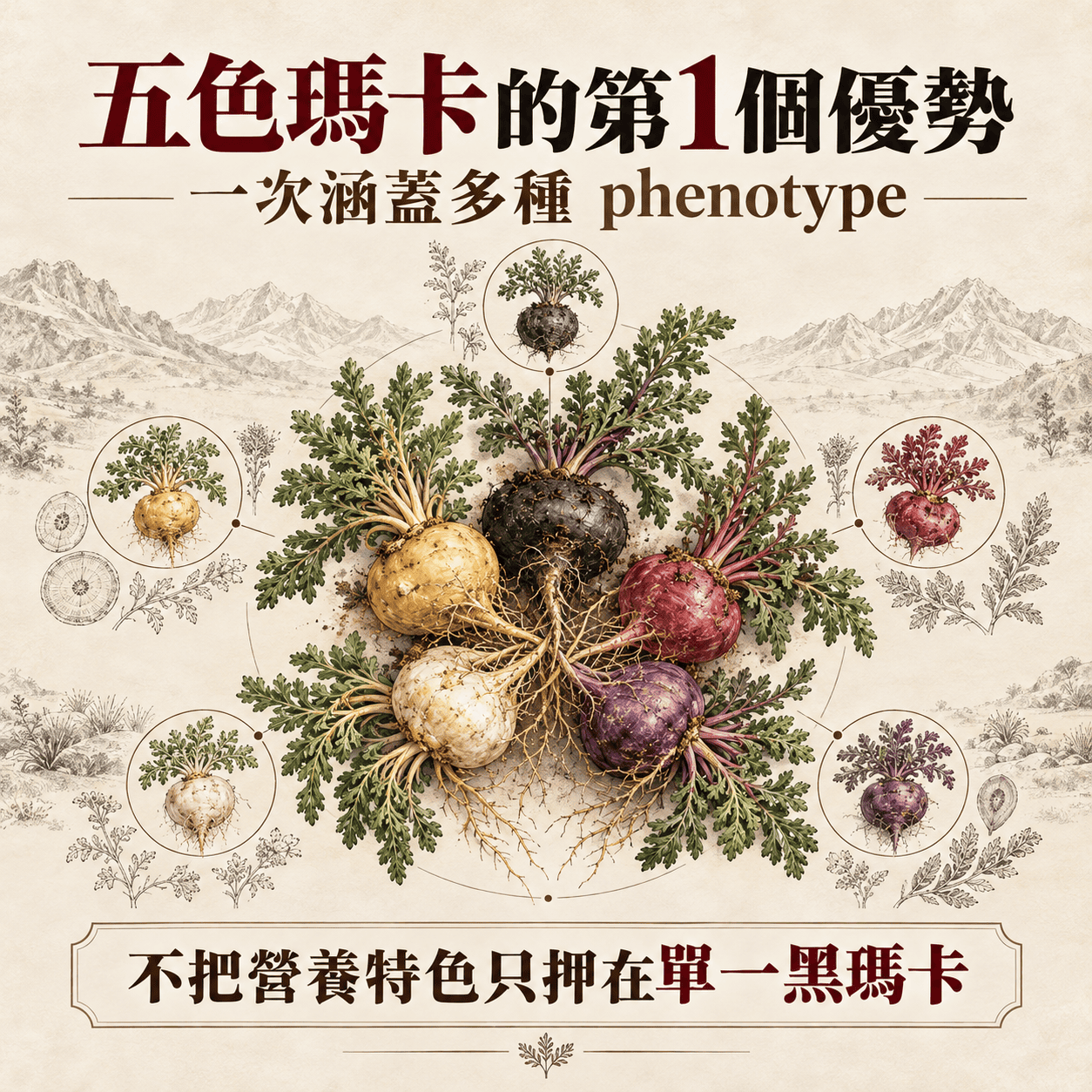 五色瑪卡同時納入多種不同色系植物表型而非只聚焦單一黑瑪卡