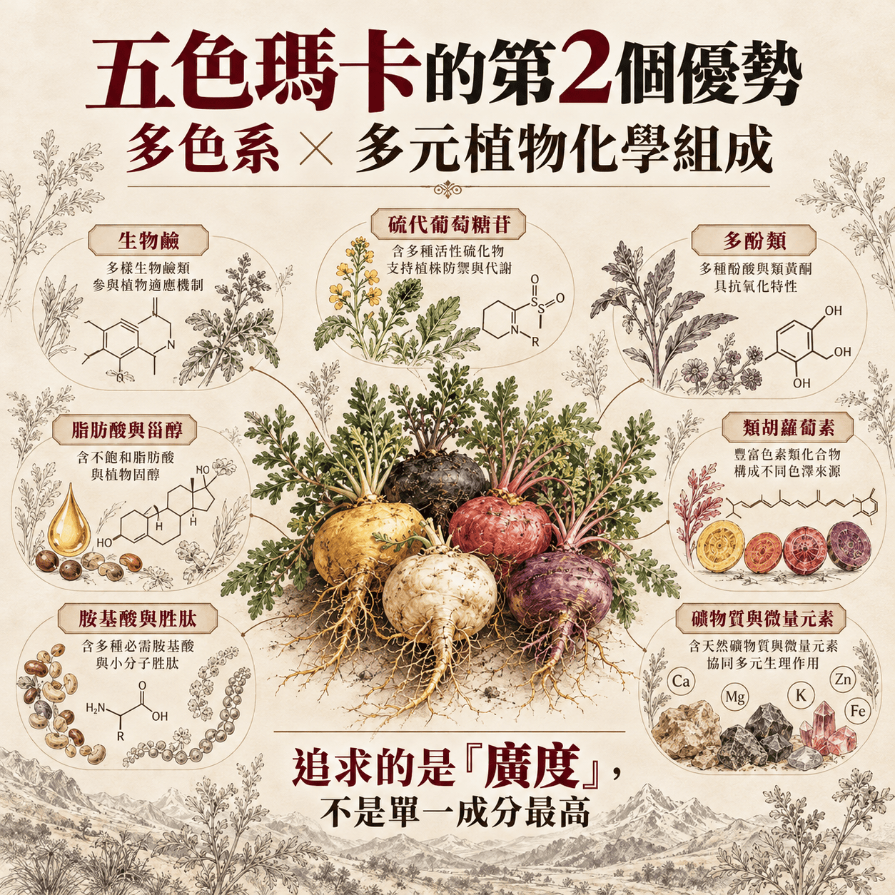 不同色系瑪卡的glucosinolates macamides與多酚等植物化學組成可能不同