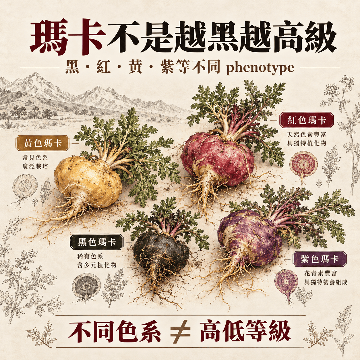 黑紅黃紫等不同色系瑪卡屬於不同植物表型並不代表品質高低等級