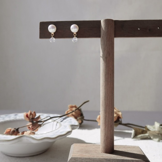 裸鑽鋯石珍珠耳環