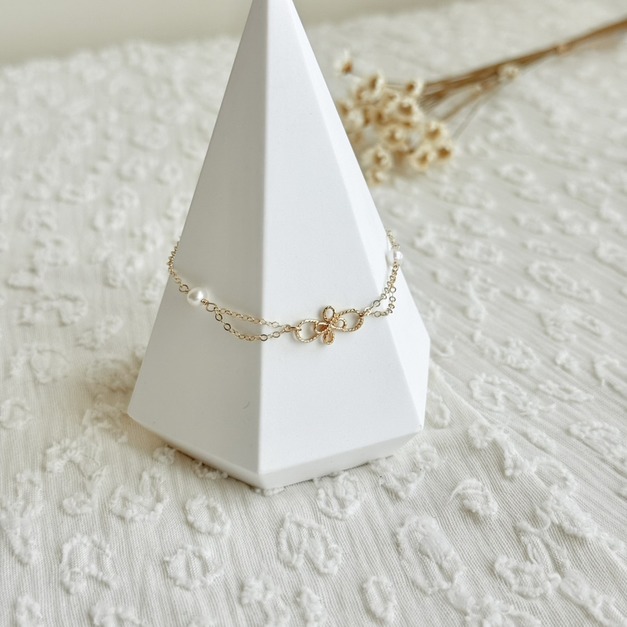 連心鏤空珍珠雙鍊手鍊