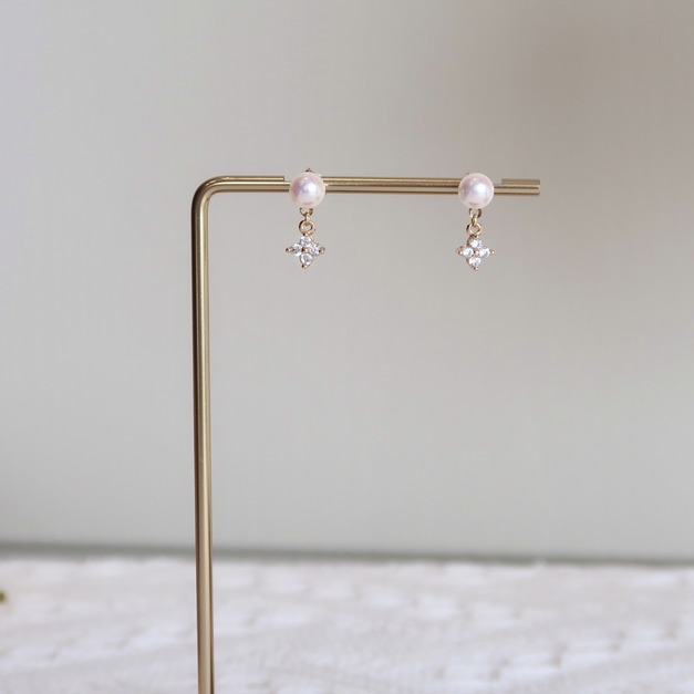 菱形四葉鋯石奧地利珍珠短耳環