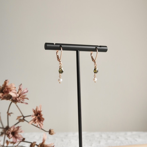 橄欖綠鋯石蕾絲練珍珠耳扣