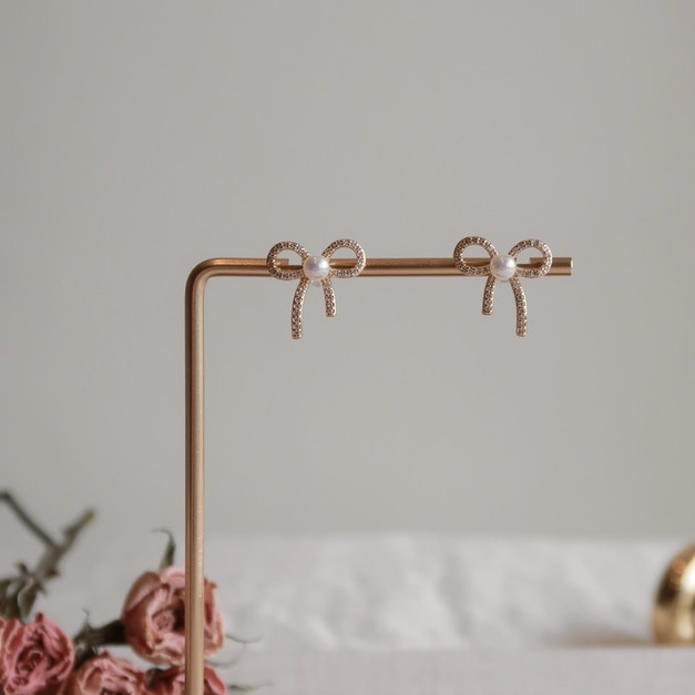 蝴蝶結୨ৎ珍珠碎鑽耳環