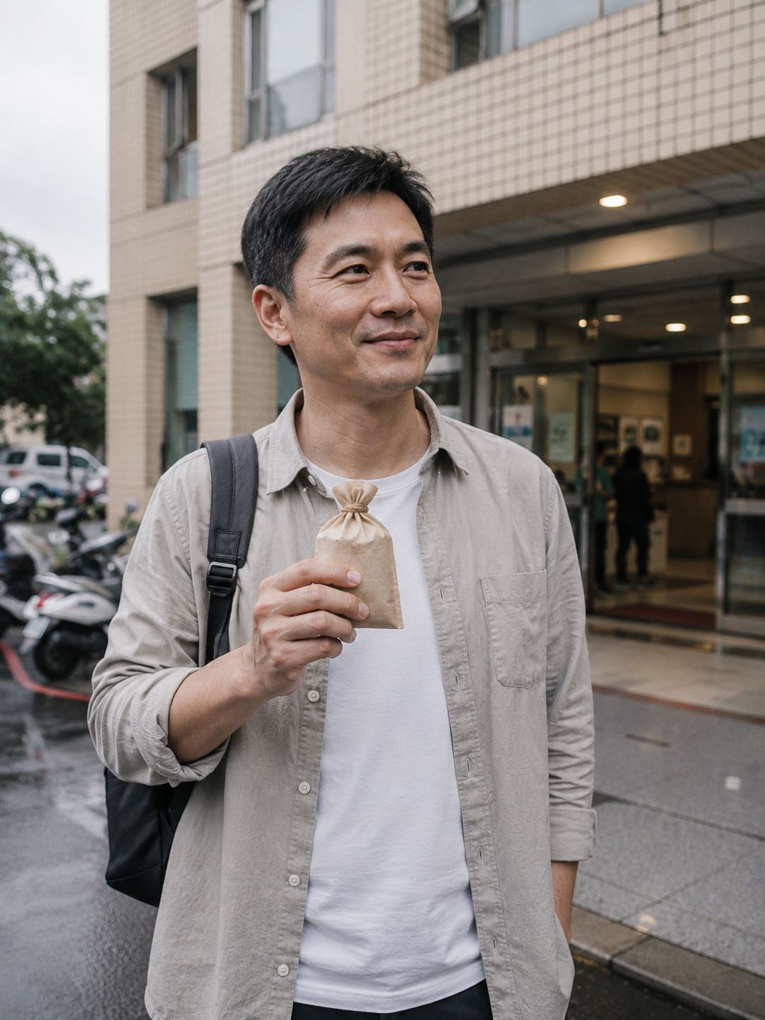 台灣男子探病後在醫院門口手持艾草淨身包