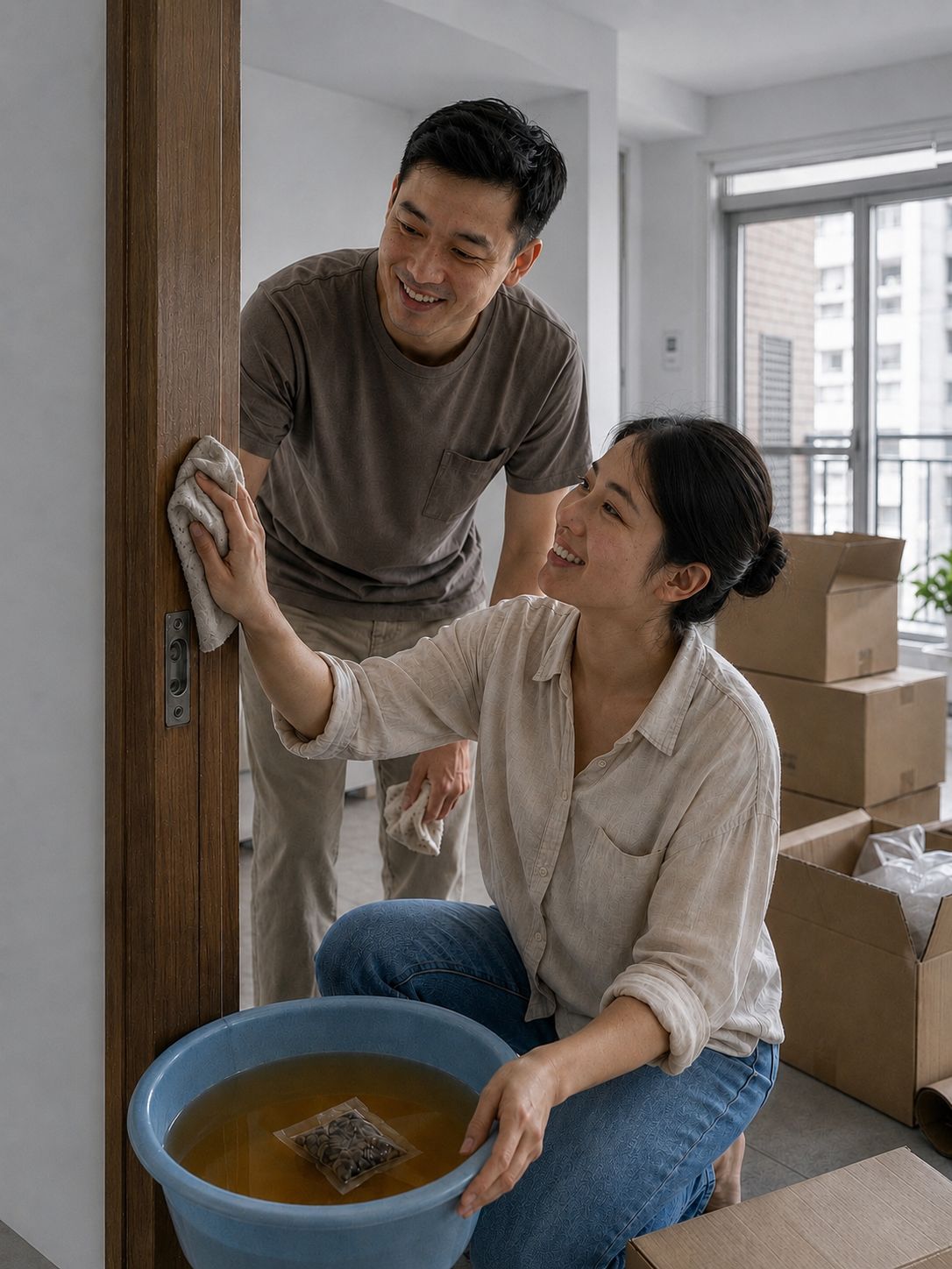 台灣年輕夫妻入厝時用艾草水擦拭門框